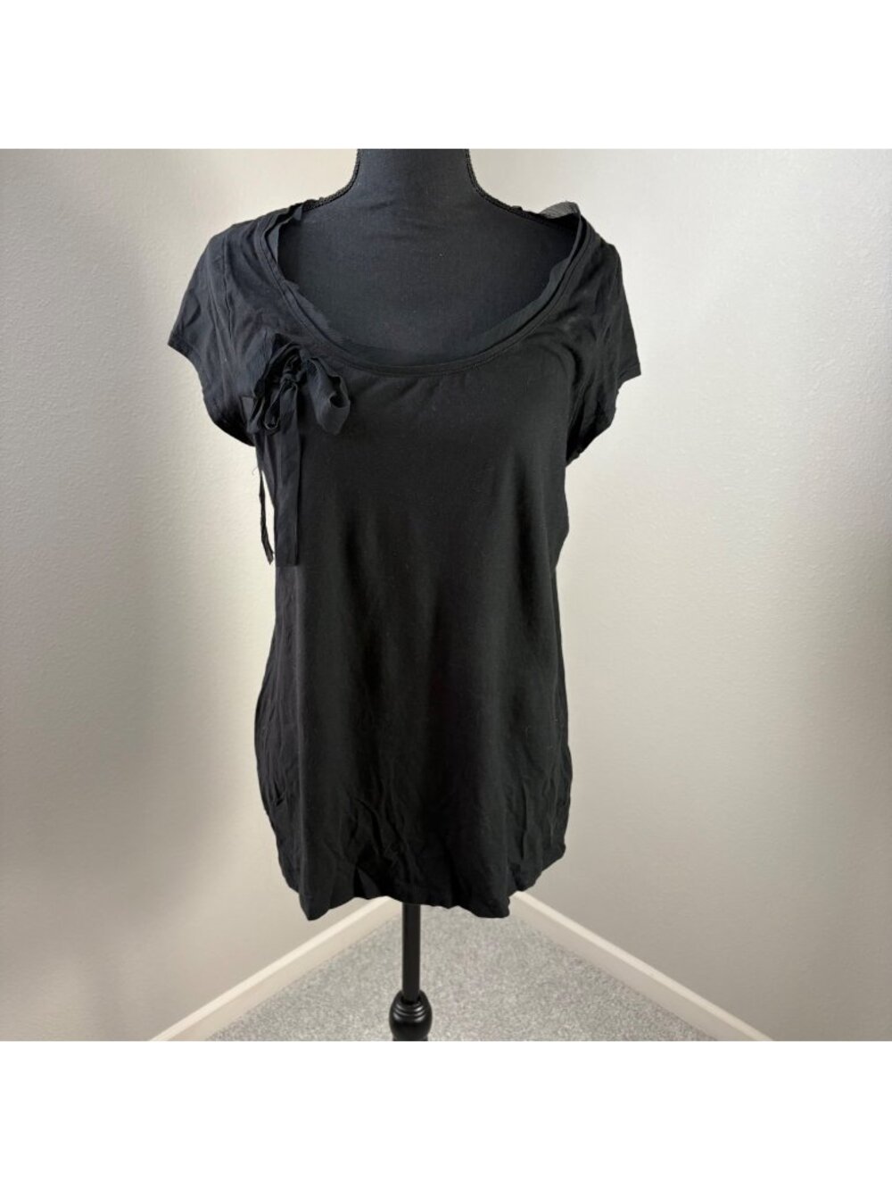 Ann Taylor Loft Fancy T-shirt Womens XL Black with Ribbon Accent Whimsy Office